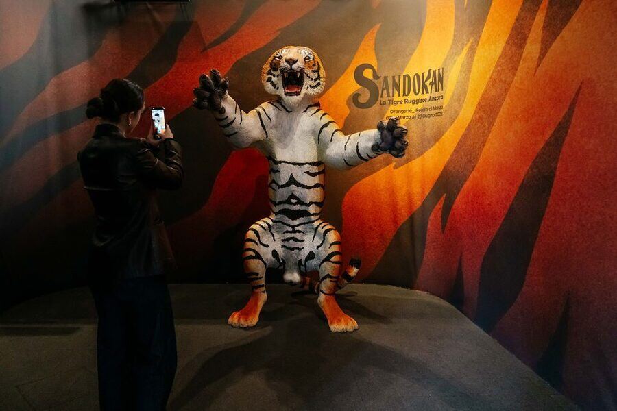 Allestimento della mostra Sandokan - Tigre scultorea davanti al manifesto della Tigre della Malesia